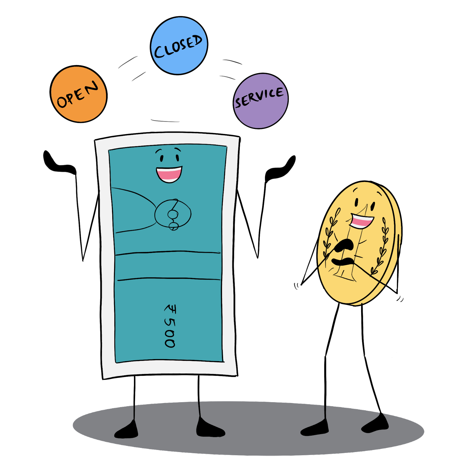 Note juggling three balls of different colors labeled as follows: Open Closed Service Coin looks on and claps